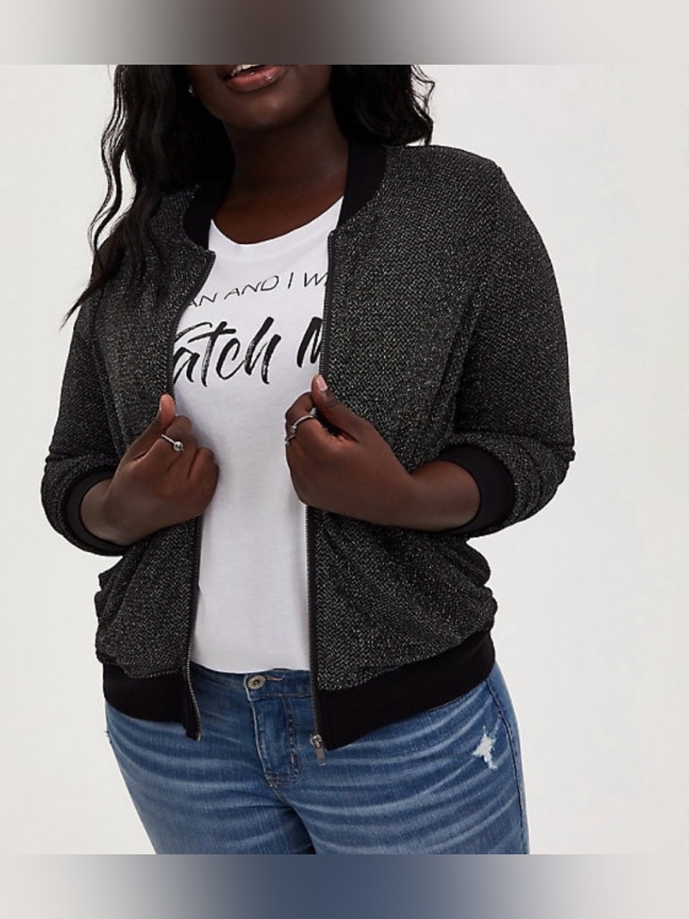 Torrid Sparkle-Texture Black Bomber Jacket - Size 1 (14/16)